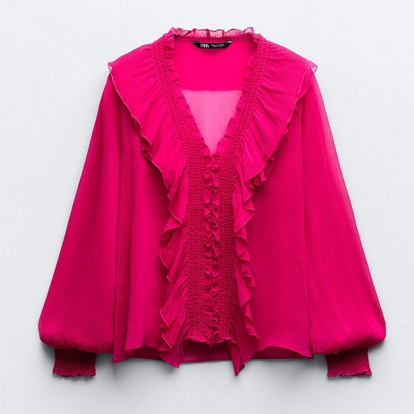 ZARA SEMI-SHEER BLOUSE WITH RUFFLES - Picture 2 of 5